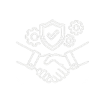 Handshake between two people with a shield and gears, symbolizing secure partnership and collaboration.