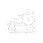 Line drawing of a speeding car with a play button on its hood, indicating a car video or video playback